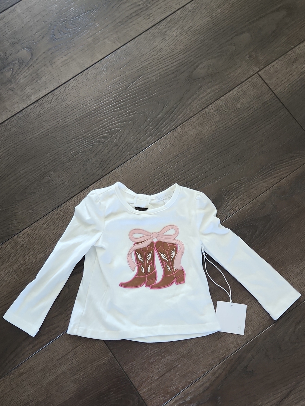 btween White Long-Sleeve Tee with Pink & Brown Cowboy Boot Graphic